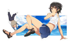 Rule 34 | 1boy, 1girl, bare legs, black hair, blue shorts, blue sky, closed mouth, cloud, crop top, feet, frown, full body, hair between eyes, looking at viewer, midriff, ny0r0ny0r0, ocean, red eyes, sandals, shiny skin, shoe soles, short hair, short shorts, shorts, sky, sleeveless, solo focus, tank top, toes, white tank top