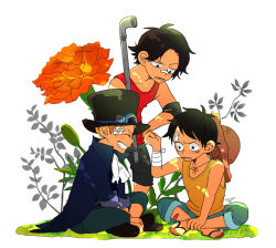 Rule 34 | 3boys, ascot, bad id, bad pixiv id, bandage on face, bandages, black hair, blonde hair, brothers, flower, freckles, goggles, goggles on headwear, grin, hat, highres, male focus, monkey d. luffy, multiple boys, one piece, plant, portgas d. ace, sabo (one piece), sandals, scar, scar on face, short hair, shorts, siblings, sleeveless, smile, smoking pipe, straw hat, tbt, white background