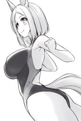 Rule 34 | 1girl, animal ears, breasts, character request, competition swimsuit, cowboy shot, greyscale, horse ears, horse girl, horse tail, large breasts, monochrome, multicolored clothes, multicolored swimsuit, one-piece swimsuit, pataneet, short hair, smile, solo, swimsuit, tail, umamusume