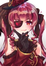 Rule 34 | 1girl, arrow through heart, black gloves, black hat, blush, breasts, chain, closed mouth, commentary, dress, eyepatch, flower, frilled sleeves, frills, gloves, goth fashion, gothic lolita, gradient background, hair ribbon, hand on own chin, hat, highres, hololive, houshou marine, licking lips, lips, lolita fashion, long hair, looking at viewer, medium breasts, nanawo (7nanawo), red dress, red eyes, red hair, ribbon, rose, simple background, smile, solo, tongue, tongue out, twintails, upper body, virtual youtuber, white background