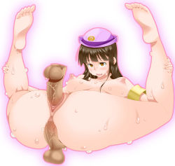 Rule 34 | 1girl, anal, anus, armband, asato ai, ass, black hair, blush, breasts, breasts apart, censored, completely nude, disembodied penis, double penetration, feet, full body, hat, highres, kochikame, large breasts, leg hold, legs up, long hair, mosaic censoring, multiple boys, multiple penetration, multiple penises, nipples, nose blush, nude, open mouth, penis, police hat, pussy, sex, solo, solo focus, sweat, takano (sora), testicles, vaginal, wavy mouth, yellow eyes