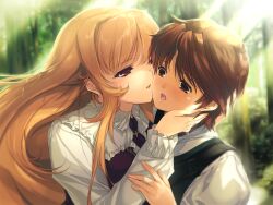 Rule 34 | 1boy, 1girl, brown eyes, brown hair, dress, game cg, green vest, hand on another&#039;s cheek, hand on another&#039;s face, imminent kiss, kamishiro kotone, mamoru (oyako rankan), min-naraken, open mouth, orange hair, outdoors, oyako rankan, red dress, surprised, vest