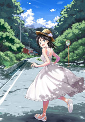 Rule 34 | 1girl, :d, aqua eyes, backless dress, backless outfit, black hair, dress, feet, flower, hat, highres, house, mirror, open mouth, original, outdoors, road, sandals, short hair, smile, solo, straw hat, summer, sundress, toes, traffic mirror, tree, white dress, yuuki tom0