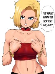 Rule 34 | 1girl, absurdres, android 18, angry, bandeau, bangle, bare shoulders, blonde hair, blue eyes, bracelet, breasts, choker, cleavage, collarbone, commentary, dragon ball, dragonball z, earrings, echo saber, english commentary, english text, eye contact, facing viewer, female focus, hands on own chest, highres, jewelry, large breasts, lips, looking at another, looking at viewer, medium breasts, midriff, navel, open mouth, red bandeau, short hair, simple background, solo, speech bubble, stud earrings, upper body, white background