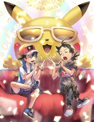 Rule 34 | 2boys, :d, ajc, antenna hair, ash ketchum, bad id, bad pixiv id, baseball cap, black hair, blue jacket, closed eyes, commentary, couch, creatures (company), crossed legs, game freak, gen 1 pokemon, goh (pokemon), hair between eyes, hair ornament, hands up, hat, highres, holding, holding microphone, jacket, knees, male focus, microphone, multiple boys, music, nintendo, open clothes, open jacket, open mouth, pants, pikachu, pokemon, pokemon (anime), pokemon (creature), pokemon journeys, red headwear, shirt, shoes, short sleeves, shorts, singing, sitting, sleeveless, sleeveless jacket, smile, socks, sunglasses, t-shirt, teeth, tongue, upper teeth only, v