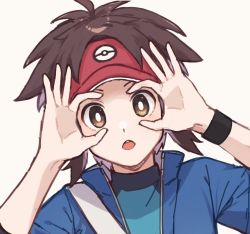 Rule 34 | 1boy, bag, blue jacket, bright pupils, brown eyes, brown hair, commentary request, creatures (company), game freak, hand glasses, hands up, hat, jacket, looking at viewer, male focus, medium hair, nate (pokemon), nintendo, open mouth, parted bangs, poke ball print, pokemon, pokemon bw2, posunke, red hat, shoulder bag, simple background, sketch, solo, teeth, upper body, visor cap, white background, white pupils