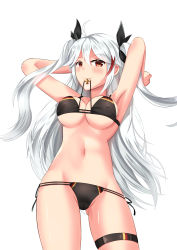 Rule 34 | 1girl, antenna hair, armpits, arms behind head, azur lane, bad id, bad pixiv id, bikini, bikini in mouth, black bikini, black ribbon, blush, breasts, cleavage, clothes in mouth, covered erect nipples, cross, crotch seam, flag print, german flag bikini, german text, gluteal fold, groin, hair between eyes, hair ribbon, highres, iron cross, large breasts, long hair, looking at viewer, mirufuaa, mole, mole on breast, multicolored hair, navel, prinz eugen (azur lane), prinz eugen (unfading smile) (azur lane), red hair, ribbon, shiny skin, side-tie bikini bottom, sidelocks, silver hair, simple background, skindentation, smile, solo, stomach, streaked hair, swimsuit, thigh strap, thighs, two side up, underboob, very long hair, white background