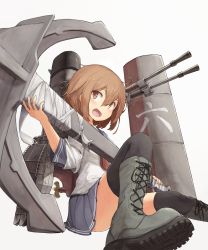 Rule 34 | 10s, 1girl, :d, ahoge, anchor, beize (garbage), black ribbon, black thighhighs, blush, boots, brown eyes, brown hair, cannon, cross-laced footwear, fang, grey footwear, hair between eyes, highres, holding, ikazuchi (kancolle), kantai collection, knee boots, lace-up boots, looking to the side, looking up, machinery, neckerchief, open mouth, pleated skirt, propeller, railing, red ribbon, ribbon, shoe soles, shoelaces, short hair, simple background, sitting, skirt, smile, solo, spread legs, tareme, thighhighs, tooth, turret, white background, zettai ryouiki