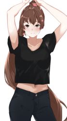 Rule 34 | 1girl, absurdres, alternate costume, arms up, black shirt, blush, breasts, brown eyes, brown hair, casual, denim, female focus, flower, hair flower, hair ornament, highres, jeans, kantai collection, long hair, looking at viewer, matching hair/eyes, medium breasts, navel, pants, pink flower, ponytail, shirt, short sleeves, simple background, smile, solo, sui (sui27shika), very long hair, white background, yamato (kancolle)