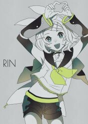 Rule 34 | 1girl, :d, aqua eyes, armpits, arms up, bare shoulders, belt, black sailor collar, blonde hair, bow, character name, choker, collarbone, commentary, detached sleeves, greyscale, hair bow, hair ornament, hairclip, hands up, headphones, heart, heart hands, kagamine rin, looking at viewer, midriff, monochrome, musical note ornament, navel, neckerchief, open mouth, sailor collar, shirt, short hair, shorts, sleeveless, sleeveless shirt, smile, solo, spot color, star ornament, swept bangs, treble clef, two-tone sleeves, ui (rot), vocaloid, yellow belt, yellow neckerchief