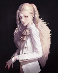 Rule 34 | 1girl, ascot, black background, blonde hair, blood on gloves, collared shirt, commentary, earrings, gloves, half mask, highres, jacket, jewelry, lips, looking at viewer, looking to the side, mask, nuker (nukerdraws), open clothes, open jacket, original, platinum blonde hair, ponytail, putting on gloves, shirt, simple background, solo, suit jacket, upper body, white gloves, white jacket, white shirt