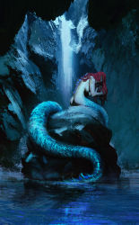 Rule 34 | 1girl, absurdres, anato finnstark, ass, blue theme, breasts, cave, completely nude, dorsal fin, fins, highres, large breasts, long hair, mermaid, monster girl, nude, original, red hair, severed head, solo, water, waterfall