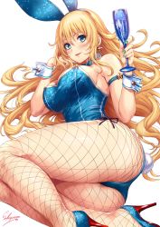 Rule 34 | 1girl, adapted costume, animal ears, artist name, ass, atago (kancolle), back-seamed legwear, blonde hair, blue eyes, blue footwear, blue leotard, blush, breasts, rabbit tail, cup, curvy, detached collar, drinking glass, earrings, fake animal ears, fake tail, fishnet pantyhose, fishnets, hand on own cheek, hand on own face, high heels, highres, hip focus, jewelry, kantai collection, large breasts, legs, leotard, long hair, looking at viewer, lying, nail art, on side, pantyhose, parted lips, playboy bunny, sakiyamama, seamed legwear, sideboob, signature, simple background, smile, solo, sparkle, star (symbol), star earrings, tail, thick thighs, thighs, toasting (gesture), white background, wide hips, wine glass, wrist cuffs