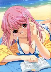Rule 34 | 00s, 1girl, absurdres, barefoot, beach, bikini, book, breasts, brown eyes, cleavage, day, feet, glasses, highres, ino (magloid), kimihagu, large breasts, open clothes, open shirt, outdoors, pink hair, shiina kasumi, shirt, smile, soles, solo, swimsuit, water
