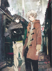 Rule 34 | 2boys, absurdres, albino, building, city, coat, crossed arms, facial mark, grey eyes, highres, jacket, male focus, multiple boys, nezumi (no.6), no.6, official art, red eyes, road, scarf, shion (no.6), shirt, short hair, short ponytail, street, toi8, white hair
