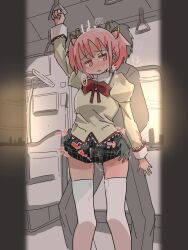 Rule 34 | 1boy, 1girl, black skirt, blush, bow, bowtie, bulge, cum, cum in clothes, cum on skirt, cum through clothes, hair ribbon, hand on another&#039;s hip, hand on another&#039;s thigh, hetero, highres, itagaki hero, juliet sleeves, kaname madoka, long sleeves, mahou shoujo madoka magica, molestation, open mouth, pink eyes, pink hair, plaid, plaid skirt, puffy sleeves, pussy juice, rape, red bow, ribbon, school uniform, shirt, short hair, skirt, standing, steam, steaming body, thighhighs, train, twintails, wet, wet clothes, yellow ribbon, yellow shirt
