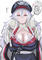 Rule 34 | 1girl, absurdres, azur lane, blush, breasts, cleavage, fur trim, gloves, graf zeppelin (azur lane), hair between eyes, hat, hey taisyou, highres, large breasts, long hair, looking at viewer, peaked cap, red eyes, silver hair, solo, translation request, uniform, very long hair