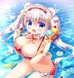 Rule 34 | 1girl, :d, animal ears, argyle, argyle bikini, argyle clothes, bear ears, bear tail, bikini, bikini top only, blue eyes, blush, bow, breasts, cherry, choker, cleavage, commentary request, day, fang, floating, floating object, flower, food, frilled bikini, frills, fruit, hair between eyes, hair bow, hair ornament, hairclip, headdress, heart, highres, holding, holding food, holding fruit, ice cream, ice cream cone, ice cream spoon, large breasts, lemon, long hair, open mouth, original, pink bow, red bikini, red choker, ribbon choker, sandals, sasai saji, seashell, seashell bracelet, shell, sidelocks, signature, silver hair, smile, solo, spoon, star (symbol), star hair ornament, starfish, sunlight, swimsuit, tail, twintails, very long hair, wading, water, water drop, x hair ornament