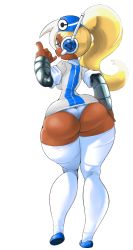 Rule 34 | 1girl, android, ass, blonde hair, breasts, call (mighty no. 9), call e, dark-skinned female, dark skin, daser (xopachi), female focus, hat, highres, huge ass, long hair, mighty no. 9, no humans, ponytail, robot, shirt, simple background, smile, solo, thighhighs, thighs, white background