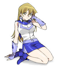 Rule 34 | 1girl, 203wolves, ankle boots, arm support, bare shoulders, blonde hair, blue skirt, boots, breasts, buttons, closed mouth, commentary request, duel academy uniform (yu-gi-oh! gx), fingerless gloves, full body, gloves, hand up, highres, long hair, looking at viewer, medium breasts, miniskirt, purple gloves, simple background, sitting, skirt, sleeveless, smile, tenjouin asuka, turtleneck, uniform, white background, yellow eyes, yu-gi-oh!, yu-gi-oh! gx