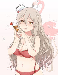 Rule 34 | 1girl, aka ringo, bikini, bird, blush, breasts, brown eyes, cleavage, cup, drinking glass, flamingo, hair between eyes, half-closed eyes, hat, highres, holding, holding cup, kantai collection, large breasts, light brown hair, long hair, nail polish, navel, open mouth, pola (kancolle), red bikini, red nails, simple background, solo, swimsuit, untied bikini, wavy hair