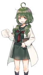 Rule 34 | 1girl, ahoge, bad id, bad twitter id, black socks, blush, book, collarbone, commentary request, green eyes, green hair, green sailor collar, green serafuku, green shirt, green skirt, hair flaps, hair over shoulder, kneehighs, long hair, long sleeves, looking at viewer, low twintails, midorikawa you, open clothes, original, parted lips, pleated skirt, ribbed legwear, sailor collar, school uniform, serafuku, shirt, simple background, skirt, sleeves past fingers, sleeves past wrists, socks, solo, twintails, wavy mouth, white background