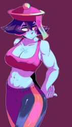 Rule 34 | 1girl, abs, bare shoulders, blue skin, breasts, cleavage, colored skin, crop top, cupperexe, hat, highres, jiangshi, large breasts, leggings, lei lei, looking to the side, lowleg, muscular, muscular arms, muscular female, nike (company), ofuda, ofuda on head, purple hair, red eyes, short hair, sleeveless, sports bra, undead, vampire (game)