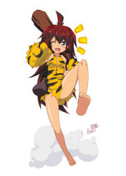 Rule 34 | 1girl, ;d, ^^^, ahoge, animal print, bare legs, barefoot, blush, blush stickers, brown hair, butter-t, club (weapon), dress, fang, feet, long hair, one eye closed, open mouth, original, pink eyes, purple eyes, red hair, simple background, smile, solo, tiger print, very long hair, weapon, white background