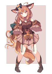 Rule 34 | 1girl, ahoge, animal ear fluff, animal ears, bare shoulders, bell, black bow, black socks, blue bow, bow, breasts, brown background, brown dress, brown eyes, brown hair, cleavage, cleavage cutout, clothing cutout, commentary request, daidai ookami, dress, hair between eyes, hat, highres, jingle bell, leaning to the side, long hair, long sleeves, looking at viewer, medium breasts, neck bell, ofuda, original, pleated dress, qingdai guanmao, shoulder cutout, sleeves past fingers, sleeves past wrists, socks, solo, standing, tail, tilted headwear, two-tone background, very long hair, white background
