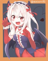 Rule 34 | 1girl, :d, bat wings, blush, choker, claw pose, demon tail, elbow gloves, fake horns, fang, fate/stay night, fate (series), gloves, hair ribbon, halloween, horns, illyasviel von einzbern, illyasviel von einzbern (halloween petite devil), long hair, looking at viewer, moninora (moninora83), open mouth, red eyes, red gloves, ribbon, smile, solo, tail, twitter username, uneven eyes, white hair, wings