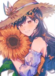Rule 34 | 1girl, absurdres, bare shoulders, black hair, blue hair, butterfly hair ornament, commentary, earrings, flower, gradient hair, hair ornament, hat, highres, jewelry, looking at viewer, multicolored hair, official alternate costume, orange eyes, orri (iirokagi), project sekai, shiraishi an, smile, solo, sun hat, sunflower, teeth, the vivid old tale (project sekai), two-tone hair, upper body, white background