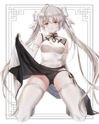 Rule 34 | 1girl, bare shoulders, black panties, breasts, china dress, chinese clothes, clothes lift, dress, dress lift, elbow gloves, full body, gloves, grey eyes, hair ribbon, highres, kasugano sora, kneeling, lemode, lifting own clothes, long hair, medium breasts, panties, parted lips, ribbon, side-tie panties, silver hair, skindentation, solo, spread legs, thighhighs, thighs, twintails, underwear, very long hair, white dress, white ribbon, white thighhighs, yosuga no sora