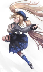 Rule 34 | 1girl, black gloves, blonde hair, blue footwear, blue hat, blue skirt, boots, breasts, cleavage, cropped jacket, dokibird (vtuber), fingerless gloves, gloves, grey jacket, hat, high heel boots, high heels, highres, indie virtual youtuber, jacket, knee boots, looking at viewer, making-of available, medium breasts, one eye closed, open clothes, open jacket, roober, shirt, simple background, skirt, smile, solo, twintails, twitter username, virtual youtuber, white background, white shirt