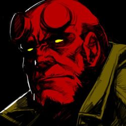 Rule 34 | 1boy, beard, black background, broken horn, closed mouth, colored skin, commentary request, facial hair, hellboy, hellboy (comic), horns, hungry clicker, looking at viewer, male focus, profile, red skin, simple background, solo, yellow eyes