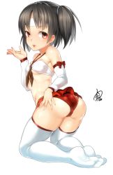 Rule 34 | 10s, 1girl, ass, ayagi daifuku, bare shoulders, bikini, bikini top only, black hair, breasts, detached sleeves, kantai collection, kneeling, looking at viewer, looking back, miniskirt, nagara (kancolle), neckerchief, panties, red eyes, red panties, side ponytail, simple background, skirt, small breasts, solo, swimsuit, thighhighs, underboob, underwear, white bikini, white thighhighs