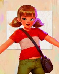 Rule 34 | 1girl, backpack, bag, blonde hair, child, female focus, flat chest, green eyes, green pants, idfer, inspector gadget, open mouth, pants, penny (inspector gadget), red shirt, shirt, short sleeves, short twintails, smile, teeth, twintails