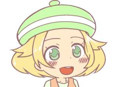 Rule 34 | 10s, 1girl, bianca (pokemon), blonde hair, blush, commentary request, creatures (company), dot nose, game freak, green beret, green eyes, green hat, gyate gyate, hat, ikiyouz, lowres, nintendo, open mouth, pokemon, pokemon bw, portrait, solo, transparent background