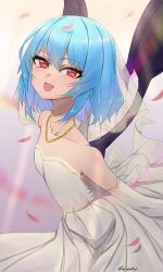 Rule 34 | 1girl, :d, bat wings, blue hair, breasts, bridal gauntlets, bridal veil, dress, fang, highres, jewelry, katsukare, looking at viewer, necklace, open mouth, red eyes, remilia scarlet, small breasts, smile, solo, strapless, strapless dress, touhou, veil, wedding dress, white dress, wings