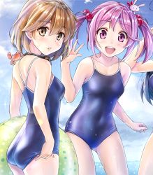 Rule 34 | 10s, 2girls, adjusting clothes, adjusting swimsuit, animal, animal on shoulder, ass, back, blonde hair, breasts, competition school swimsuit, crab, day, from side, hair bobbles, hair ornament, innertube, kantai collection, koyuki (kotatsu358), looking back, multiple girls, oboro (kancolle), one-piece swimsuit, parted lips, pink eyes, pink hair, rabbit, sazanami (kancolle), school swimsuit, short hair, swim ring, swimsuit, twintails