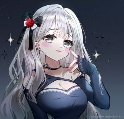 Rule 34 | 1girl, black bow, blue dress, blue sleeves, blush, bow, breasts, cleavage, closed mouth, collarbone, commission, danby merong, detached sleeves, dress, flower, grey eyes, grey hair, hair bow, hair flower, hair ornament, hand up, highres, long hair, long sleeves, medium breasts, night, night sky, original, red flower, red rose, rose, single strap, sky, sleeves past wrists, smile, solo, sparkle, star (sky), starry sky