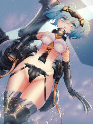 Rule 34 | 1girl, ahoge, armored boots, armored gloves, artery gear, artery gear: fusion, blue eyes, blue hair, boots, breasts, breasts apart, claws, fishnet sleeves, fishnets, headgear, highres, holding, holding weapon, komena (shinyday312), large breasts, long hair, no bra, shinobu (artery gear), strapless bottom, two side up, weapon