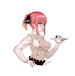 Rule 34 | 1girl, absurdres, apron, black apron, black ribbon, blue eyes, blunt bangs, breasts, butterfly hair ornament, cake, cake slice, chef, food, go-toubun no hanayome, hair ornament, hand on own hip, highres, holding, holding plate, large breasts, looking at viewer, nakano nino, parted lips, pink hair, plate, ponytail, ribbon, simple background, white background, zasshu