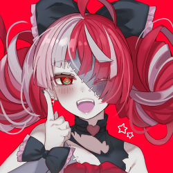 Rule 34 | 1girl, ;d, absurdres, ahoge, black bow, black dress, black nails, bow, choker, colored skin, colored tongue, double bun, dress, frilled bow, frills, grey skin, hair bow, hair bun, heart, heart choker, highres, hololive, hololive indonesia, huge bow, index finger raised, kureiji ollie, long hair, multicolored hair, nail polish, one eye closed, open mouth, patchwork skin, pink hair, purple tongue, red background, red hair, simple background, smile, solo, star (symbol), stitched arm, stitched face, stitched torso, stitches, symbol-shaped pupils, tonarikeru, torn clothes, torn dress, upper body, virtual youtuber, zombie
