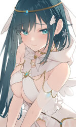 Rule 34 | 1girl, amano nene (vtuber), aqua eyes, bare shoulders, blue hair, blush, breasts, breasts squeezed together, chain, circlet, cleavage, closed mouth, commentary, commission, dark blue hair, detached sleeves, gold chain, head wings, highres, hood, hood down, jewelry, large breasts, long hair, looking at viewer, neck ring, production kawaii, see-through, see-through skirt, see-through sleeves, skeb commission, skirt, sling bikini top, smile, solo, symbol-only commentary, teti, v arms, virtual youtuber, white skirt, white sleeves, wing hair ornament, wings