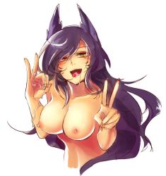 Rule 34 | 1girl, :d, ahri (league of legends), black hair, blush, breasts, cropped torso, cum, cum in mouth, facial mark, fox girl, half-closed eyes, league of legends, long hair, medium breasts, mugimaro35, nail polish, naughty face, nipples, open mouth, red nails, simple background, slit pupils, smile, solo, tongue, tongue out, topless, v, whisker markings, white background