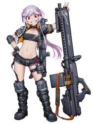 Rule 34 | 1girl, ammunition, ammunition belt, ammunition box, anti-materiel cartridge, belt, belt-fed, belt pouch, black gloves, black tube top, boots, breasts, camouflage, camouflage shorts, dairoku ryouhei, elbow pads, english text, fingerless gloves, full body, gloves, grey footwear, grey jacket, gun, hand on own hip, headset, hetza (hellshock), jacket, knife, long hair, looking at viewer, machine gun, navel, nose art, pink hair, pouch, red eyes, rifle cartridge, shark nose art, sheath, sheathed, short shorts, shorts, sidelocks, small breasts, smile, solo, standing, strapless, teeth, transparent background, tube top, v, weapon