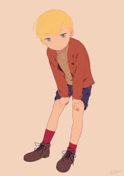 Rule 34 | 1boy, bandaid, blonde hair, blue eyes, closed mouth, commentary request, denim, denim shorts, looking at viewer, male focus, noeyebrow (mauve), original, red legwear, short hair, short shorts, shorts, simple background, solo