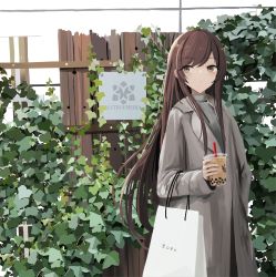 Rule 34 | 1girl, bag, brown eyes, brown hair, bubble tea, closed mouth, coat, commentary, cup, disposable cup, doran (dorannomai), drinking straw, english commentary, english text, fence, grey coat, grey sweater, highres, holding, holding cup, idolmaster, idolmaster shiny colors, long hair, long sleeves, looking at viewer, osaki amana, paper bag, plant, ribbed sweater, shopping bag, sign, solo, sweater, very long hair