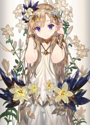 Rule 34 | 1girl, blonde hair, blue eyes, collarbone, dress, flower, hair flower, hair ornament, hands on own head, lily (flower), long hair, looking at viewer, original, ran&#039;ou (tamago no kimi), simple background, smile, solo, upper body, white background, white dress