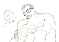 Rule 34 | 1boy, abs, bara, chibi, chibi inset, dickfish (fishismdick), facial hair, foreshortening, frown, glasses, greyscale, john rottweil (dickfish), large pectorals, looking down, male focus, mature male, monochrome, muscular, muscular male, mustache, navel hair, nipples, nude, opaque glasses, original, pectoral focus, pectorals, scar, short hair, sigh, sketch, solo, traditional media, translation request, upper body